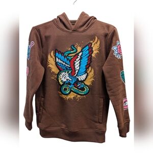 Rebel Minds- Eagle Design Brown Chenille Hoodie Sweatshirt- Size 14/16